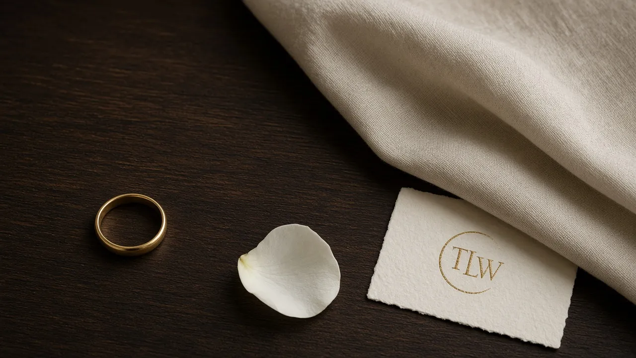 Gold band, orchid petal and folded linen. No bride, no guests.